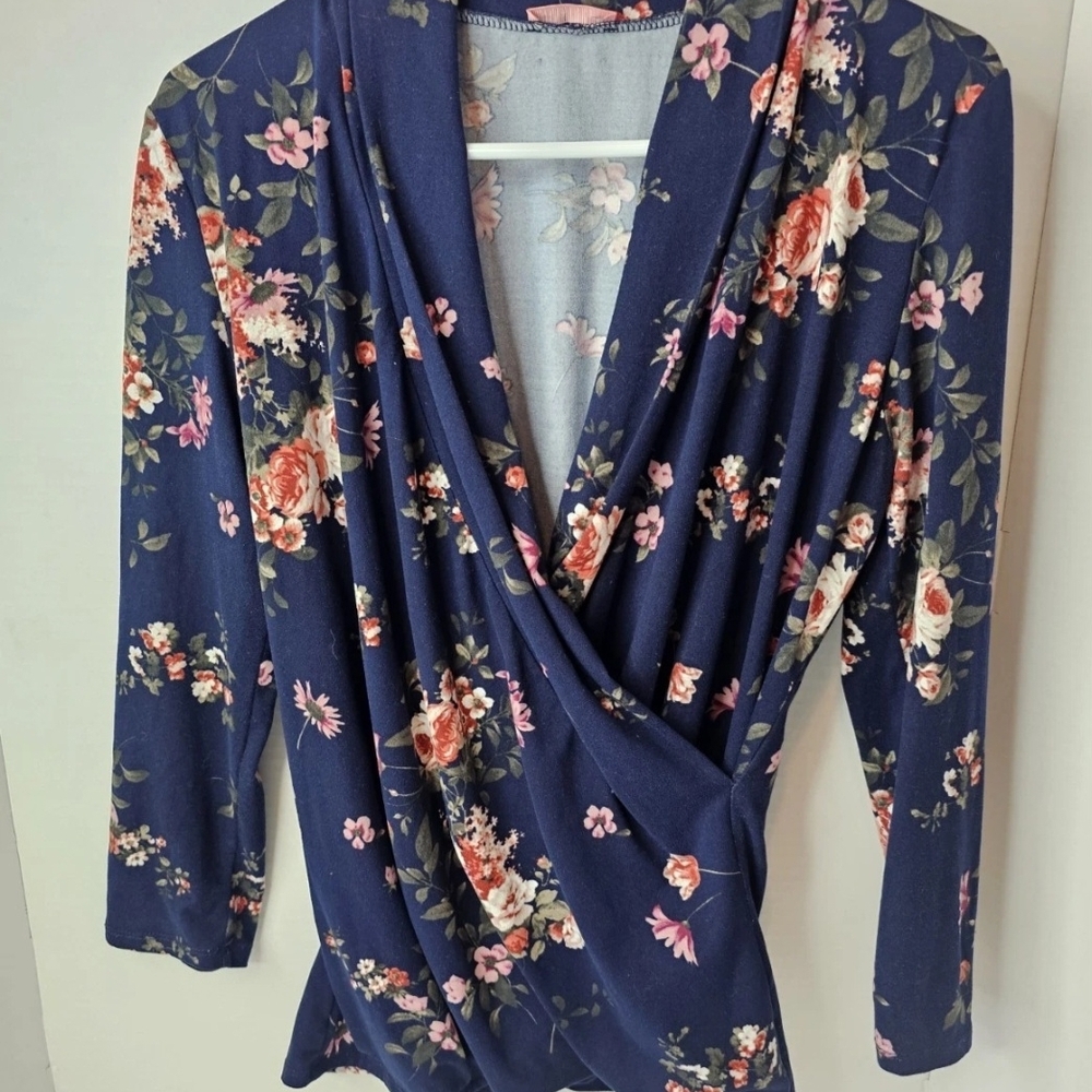 Hello MIZ Navy Floral Blouse with Pink Accents